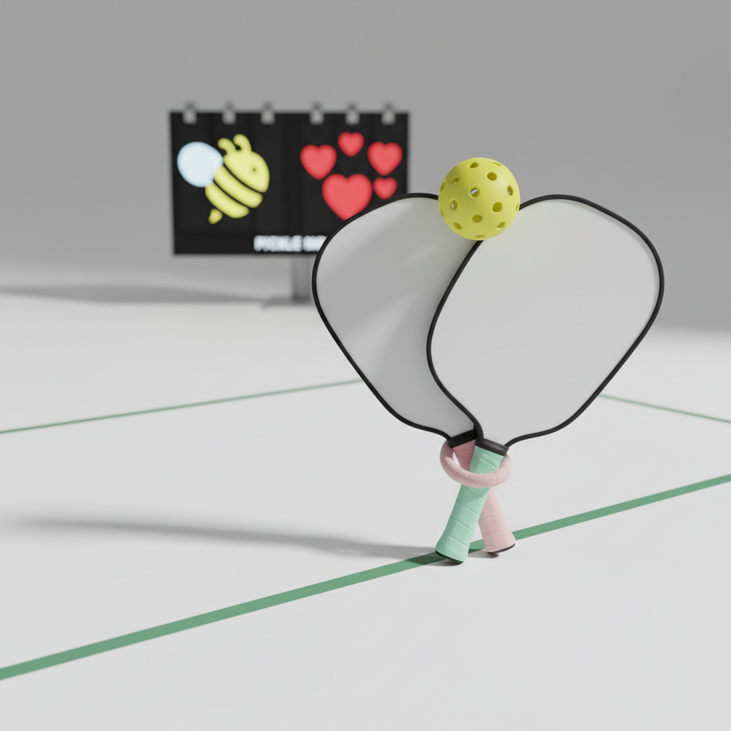 A whimsical still life of two pickleball paddles leaning together to form a loose heart shape, their handles wrapped in contrasting pastel grips, with a single yellow pickleball nestled where they meet. They rest on a clean, matte white surface with a faint green court line running diagonally. In the background, slightly out of focus, a bright scoreboard displays playful icons of bees and hearts instead of numbers. Soft studio lighting from the left casts delicate shadows and subtle highlights along the paddle edges. The composition follows the rule of thirds with a minimalist, photographic style that feels lighthearted and romantic, perfectly suited for a playful pickleball dating brand.