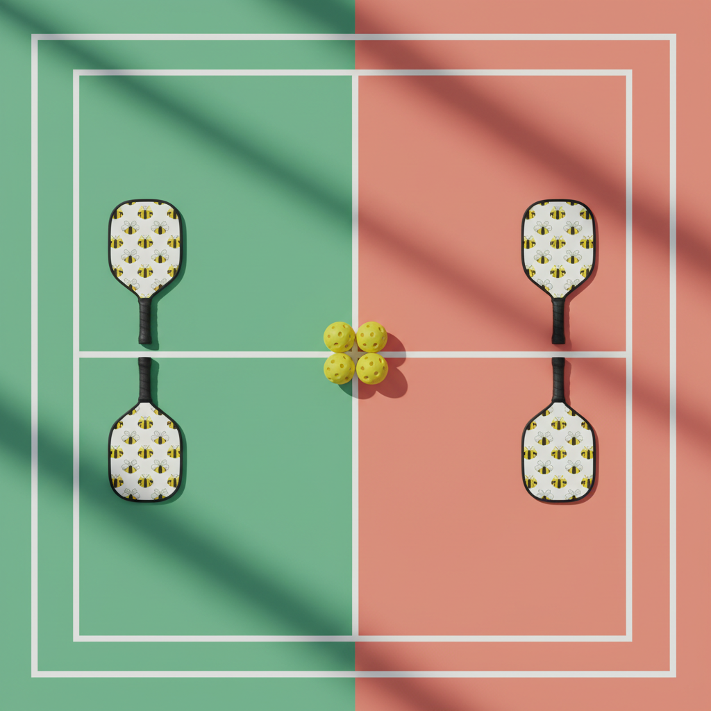 An overhead, photographic view of a stylized pickleball court divided into vibrant mint and coral halves, with several yellow pickleballs arranged in pairs along the centerline, each pair touching like tiny couples. A few paddles with quirky bee-patterned faces are placed symmetrically near the baseline, handles pointing toward the center as if drawn together. Diffused, bright daylight streams from an unseen skylight, creating soft, uniform illumination and barely-there shadows. The composition is graphic and clean, with strong geometric lines and balanced negative space, evoking a modern app interface. The atmosphere is energetic yet welcoming, visually suggesting that the court is a place for both play and connection.
