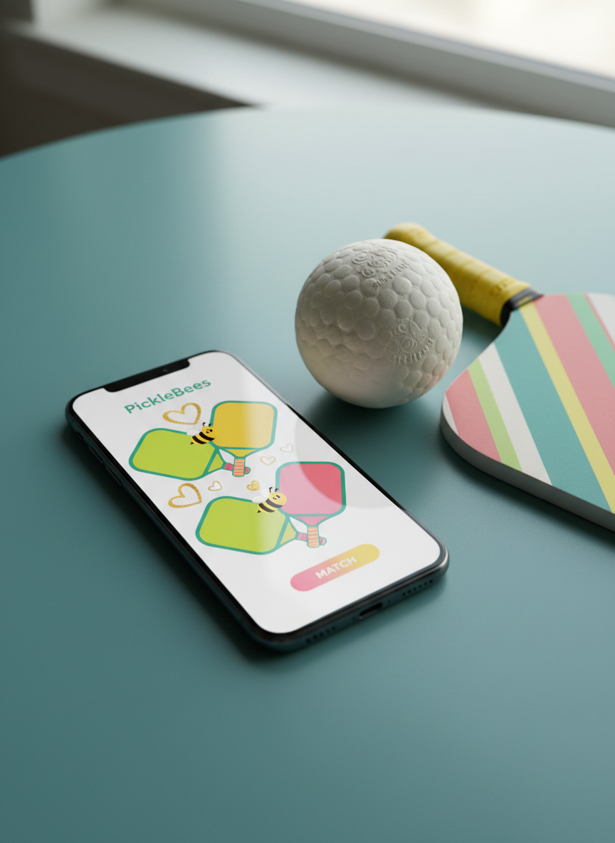 A sleek smartphone lying on a matte teal tabletop, its screen displaying a fictitious PickleBees dating app interface with illustrated pickleball paddles, hearts, and bee icons instead of photos of people. Next to the phone, a textured pickleball with tiny embossed hexagons and a paddle with a playful striped edge rest casually, their colors echoing the app’s palette of yellows, greens, and warm pinks. Soft, diffused window light from the right creates gentle reflections on the glass screen and subtle shadows on the table. Shot from a slightly elevated angle with a shallow depth of field, the photographic realism and clean, modern styling convey tech-savvy fun without showing any human subjects.